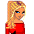 Pixel art contact sheet showing three distinct animated frames of a female character with blonde hair, red top, and blue jeans alongside a pink heart symbol on white background.