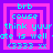 Pixelated text in cyan on pink and purple concentric squares with varying border thicknesses.