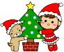 Animated cartoon icon showing a child and dog decorating a Christmas tree in two sequential frames with slight pose changes.