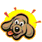Pixelated cartoon dog head with yellow spiky outline, brown fur, white eyes with black pupils, orange tongue, and red sparkles on gray background.
