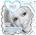 nine identical pixelated images showing a person with short blonde hair, each featuring a blue heart-shaped 'YES!' text overlay and varying lower text labels