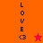 A vertical of four pixelated sections with orange and red backgrounds, each containing the word LOVE in black block letters and a heart symbol, with two star icons in the center-right