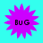 Four identical purple starburst shapes on cyan background, each containing black pixelated text reading "BUG".