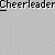 Pixelated cheerleader icon with yellow torso, blue-and-red striped skirt, white pom-poms, and black outline on gray background.