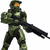 Pixelated green-armored figure holding a large black weapon stands beside blue text reading 'HALO' on white background.