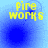 Yellow 'fire works' text on blue background with four distinct circular particle effects in a