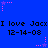 Blue background with repeated black text "I love Jacx" and date "12-14-08", pink star-shaped pixel clusters scattered across the image.