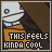 Pixelated character with white face and brown hair, wearing orange shirt, holding text box reading THIS FEELS KINDA COOL in black-and-white pixel font.