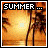Pixelated beach sunset scene with palm trees and text changing from 'SUMMER...' to 'TIME TO PARTY'