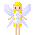 Pixel art angel with blonde hair, blue eyes, white wings, and a white dress featuring a light blue symbol on the chest.