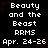 Pixelated text displays 'Beauty and the Beast RRMS Apr. 24-26' in white on black with red star accents, repeated across a