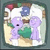 Animated contact sheet showing three frames of a pixelated cartoon icon with Smurf characters and text overlays on a cyan background.