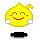 A 40x40 pixel animated buddy icon featuring a yellow cartoon character with two frames showing different facial expressions and a red heart symbol in the second frame, set against a gray background.