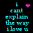 Pixelated cyan text on black background reads 'i cant explain the way i love u' with pink heart and starburst icons above.