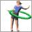 A woman in a blue shirt and dark shorts performs hula hoop with a green ring, captured across showing motion progression