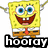 Pixelated Spongebob Squarepants icon with yellow sponge body, blue eyes, red tie, and orange pants; left side shows smiling face with 'hooray' text below.