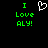 Green pixelated text 'I Love ALY!' on black background with white heart symbol above the text.