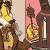 Animated contact sheet of a yellow fox-like Neopets character eating chocolate fondue from a brown stand with white candle, displayed in 4x3 grid layout.