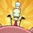 Animated character with white hair and red dress stands on pink platform against yellow sunburst background, head turns left to right.