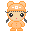 Pixel art character with orange cat ears, black pigtails, and a beige face wearing an orange jumpsuit against gray background.
