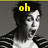 A black-and-white photo of a person in striped clothing with yellow text above their head changing from 'oh' to 'em' then 'GEE!'