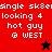 Pixelated text reads "single sk8er looking 4 hot guy @ WEST" with a black star on red background and red star on black background.