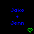 Blue text 'Jake + Jenn' appears above green heart and downward arrow symbols on black background, with gray area at bottom right.