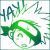Pixelated green and white icon with abstract shapes, partial text fragments, and a central circular form against light background.