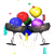 Animated contact sheet showing five sequential frames of a colorful balloon-themed buddy icon with two stick-figure-like characters holding balloons, displayed on a white background with scattered confetti elements.