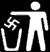 White stick figure with outstretched arm drops swastika symbol into trash bin; fire appears in bin