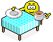 Yellow cartoon character with wide eyes sits at blue checkered table holding plate and cup, expression shifts from neutral to surprised then back.