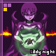 Pixel art character with purple hair and wings holding a glowing green orb, standing before orange flames on dark background.