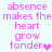 Pixelated pink text on light blue background reads 'absence makes the heart grow fonder' with a small pixelated pink heart symbol next to 'fonder'.