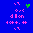 Blue background with pink text reading 'i love dillon forever' and '<3' symbols, featuring green pixelated heart and star animations.