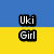 Pixelated text blocks on a blue and yellow background display "Uki," "And," "Girl," and "Proud" in white letters with black outlines.