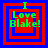Four identical pixelated icons arranged in a , each displaying "I Love Blake!" text with layered red and blue square borders