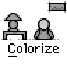 Animated contact sheet showing 9 frames of a pixel art buddy icon with two characters at a desk, displaying color changes and speech bubbles across frames.