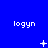 Blue background with repeated 'logyn' text and changing white pixel symbols across three