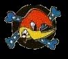 Animated circular icon with red, yellow, and blue swirls transitioning from a skull-and-crossbones to a spiral pattern.