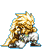 Pixelated character with spiky golden hair and white pants in three of two poses each, showing dynamic fighting stances against gray background