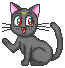 Pixel art cat with gray body, pink inner ears, red eyes, and yellow crescent on forehead, shown in four variations with tail and arm positions changing.