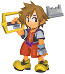 Pixel art character with brown hair, red shorts, gray sleeves, and yellow boots holding a large golden key-shaped object against light gray background.