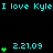 A digital image displays repeated cyan text "I love Kyle" and green heart symbols with the date "2.21.09" on a black background, showing animation changes in heart symbol positions across observations.