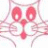 A static icon shows a stylized red cat face with white outlines on a light background, surrounded by repeated text elements in black script and sans-serif fonts.