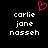 Pixelated text displays 'carlie jone nasseh' in two identical vertical with a pink heart symbol above center on a black background