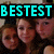 A pixelated image with cyan text reading "BESTEST FRIENDZ FOR EVER!!!" over a repeated group of people in two
