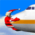 A red-clad figure with a white beard and hat performs a backflip against a white airplane with a gold stripe and blue sky background.