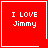 Four red square with white borders display "I LOVE Jimmy" text; top-right has a heart symbol, bottom-right has a starburst symbol