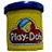 A yellow Play-Doh container with blue lid appears on the left, while text changes from 'FUN TO PLAY WITH' to 'MORE FUN TO EAT.'