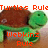 Pixelated green turtle with brown shell and red text overlays reading "Turtles Rule" and "Webkinz Rule" on a light background.